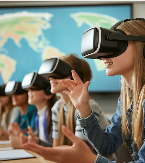 learners in a classroom using VR goggles