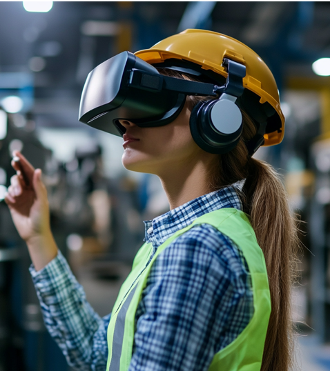 a woman using VR goggles to learn health and safety training