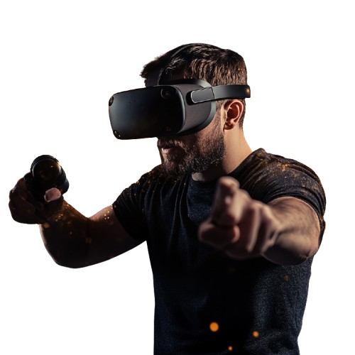 A man playing VR games wearing a headset and holding a controller