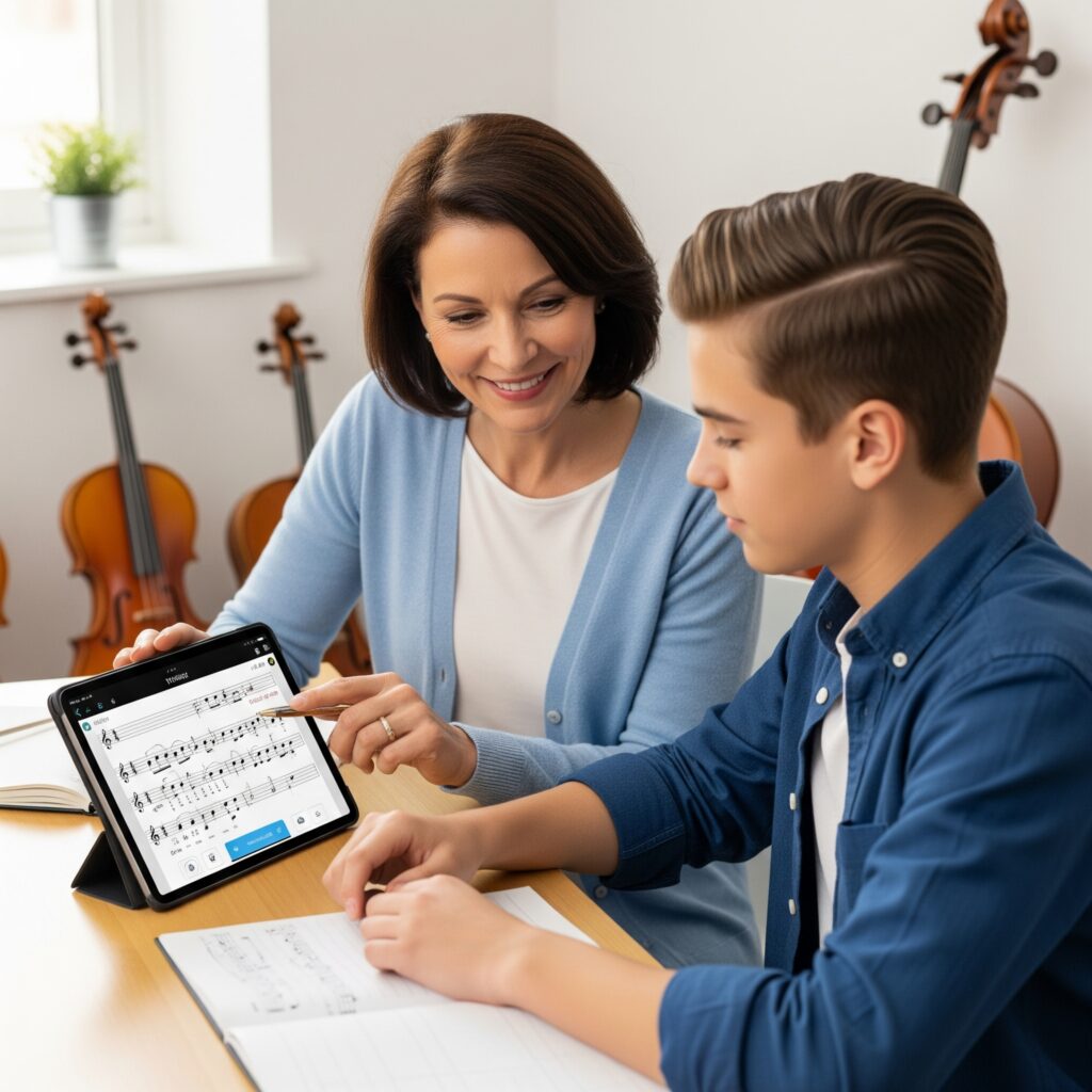 A teacher using a tablet with Fortissimo app to teach a young student classical music