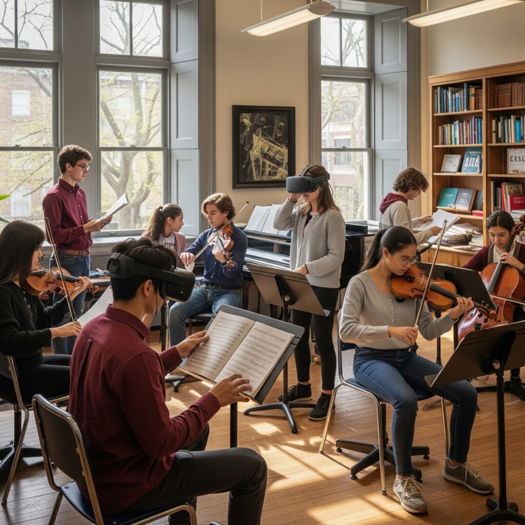 A classroom full of students learning classical music, some using VR headsets