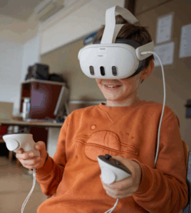A child using a VR headset to learn classic music