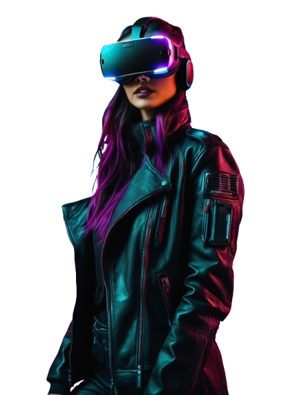 Some crazy VR futuristic woman wearing a headset and a leather jacket. I hope she's being safe.