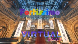 A university hall with banners and Fortissimo / Virtual Dawn logos overlaid