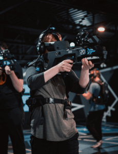 A person playing an apoclyptic VR game