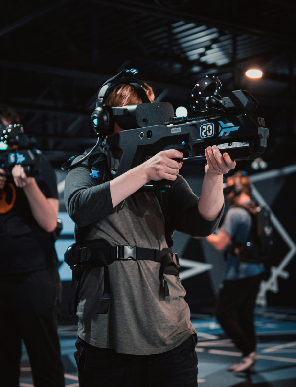 A person playing an apoclyptic VR game