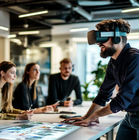 A team of people working on storyboarding a VR game